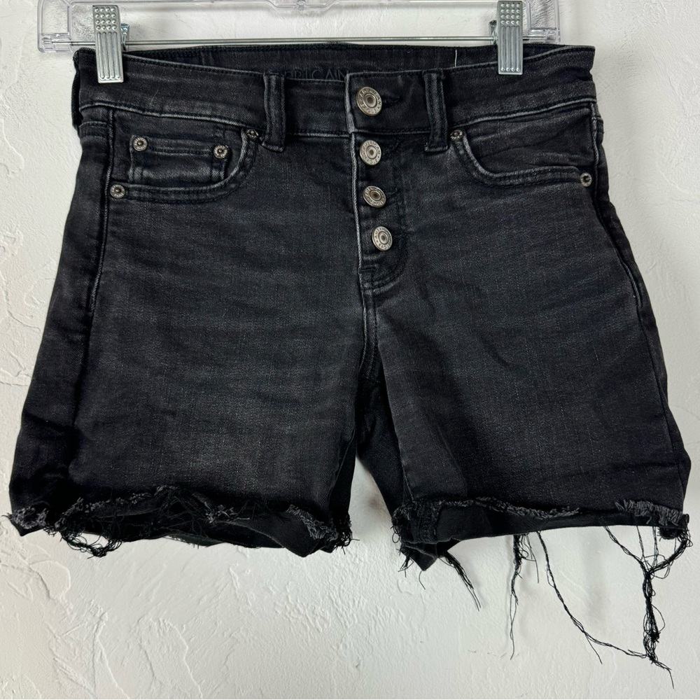 American‎ Eagle Shorts Denim Jean Solid Dark Black Wash Midi Button Fly Raw Hem